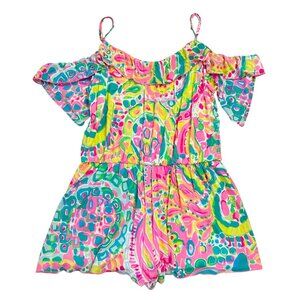 Lilly Pulitzer Women's Size L Romper Pink Green Paisley Cold Shoulder Ruffle